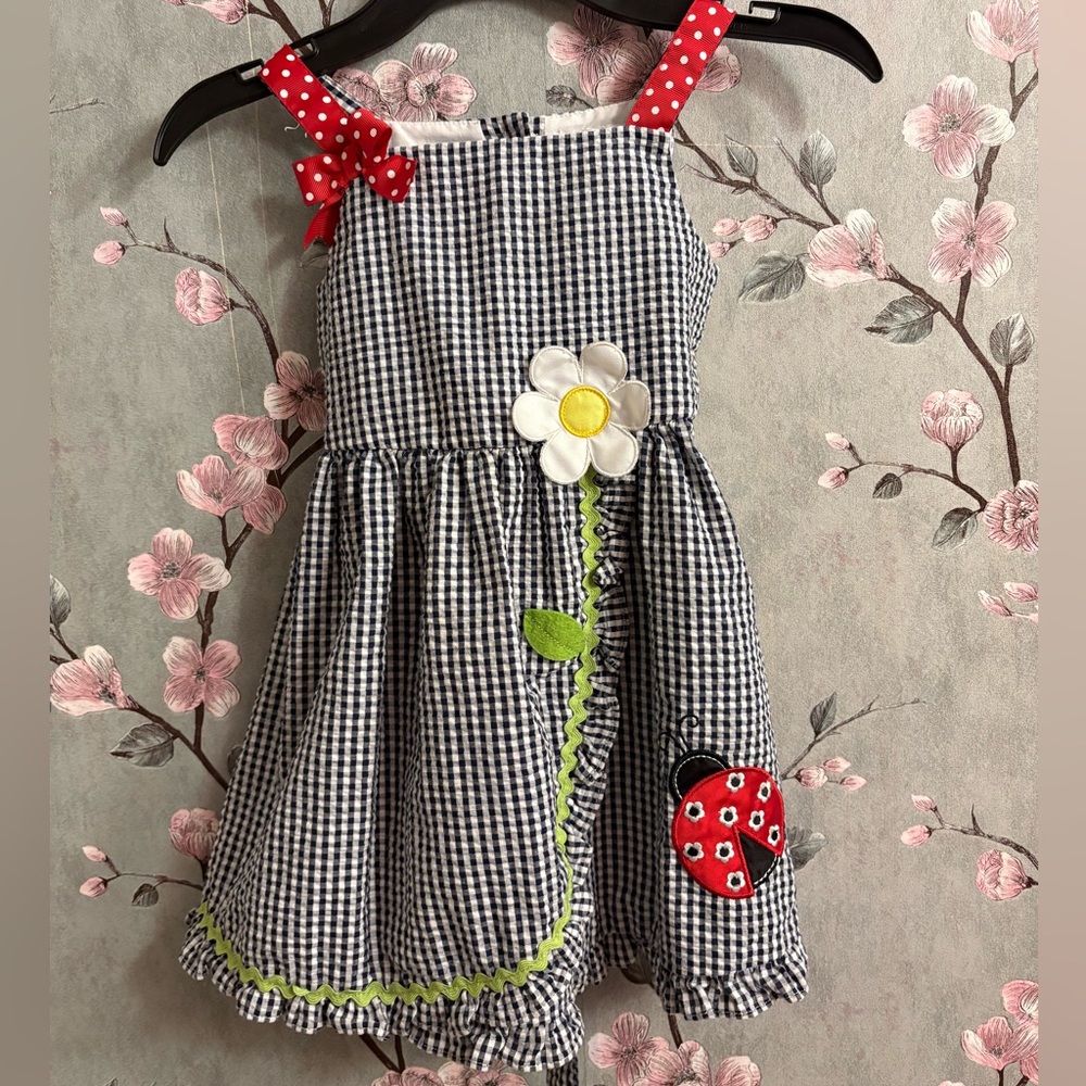 Rare Editions Navy Gingham Dress with Red Polka Dot Straps